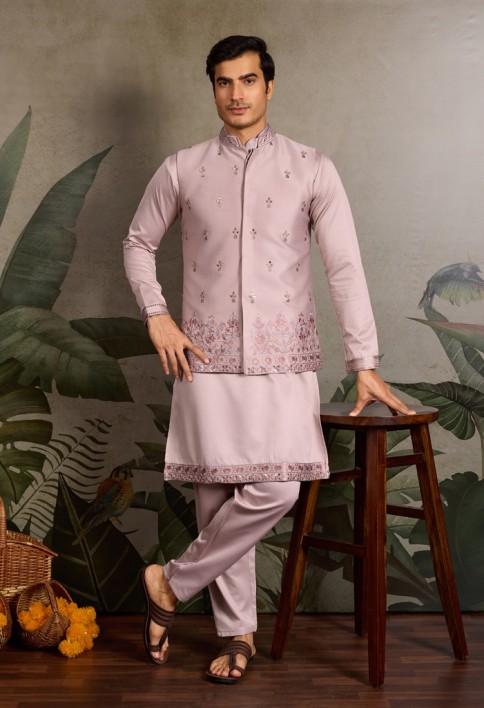 Dusty Pink Embroidered Kurta Set for Men